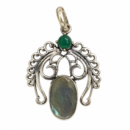 Labradorite Green Onyx Pendant, Silver Peacock Boho Jewelry PEN332-SLV-NLBD-NGO02