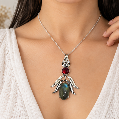 Labradorite Garnet Pendant Silver Leaf Boho Gemstone Jewelry PEN333-SLV-LGR-NLBD02
