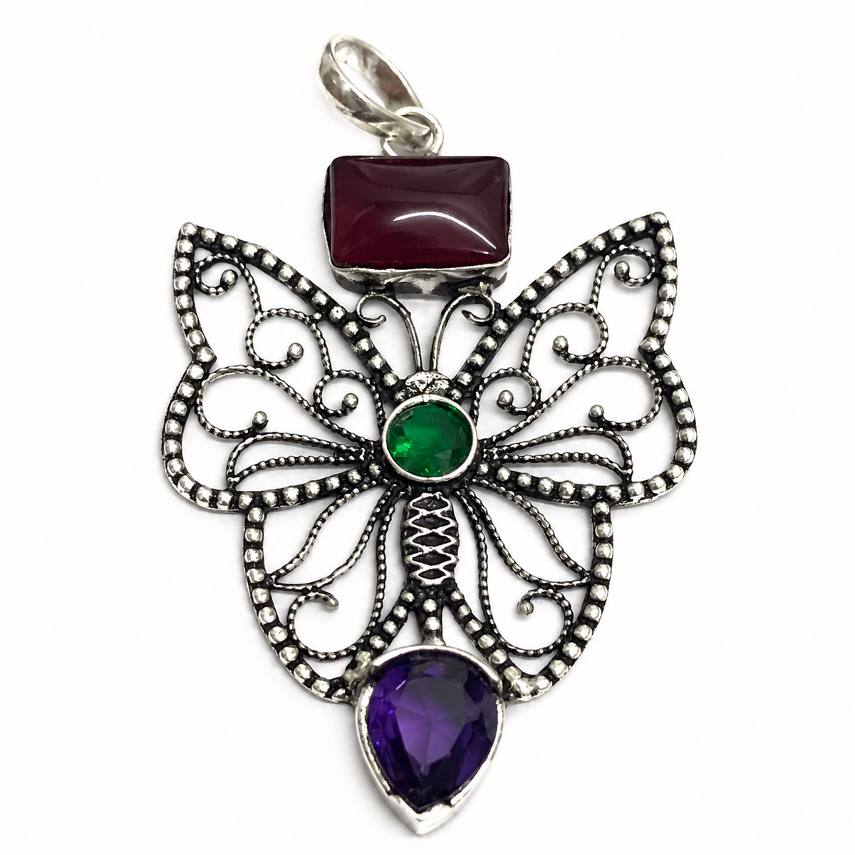 Multicolor Gemstone Butterfly Pendant Silver Boho Statement PEN334-SLV-LMUL03