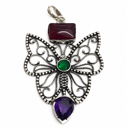 Multicolor Gemstone Butterfly Pendant Silver Boho Statement PEN334-SLV-LMUL03
