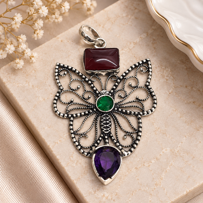 Multicolor Gemstone Butterfly Pendant Silver Boho Statement PEN334-SLV-LMUL03