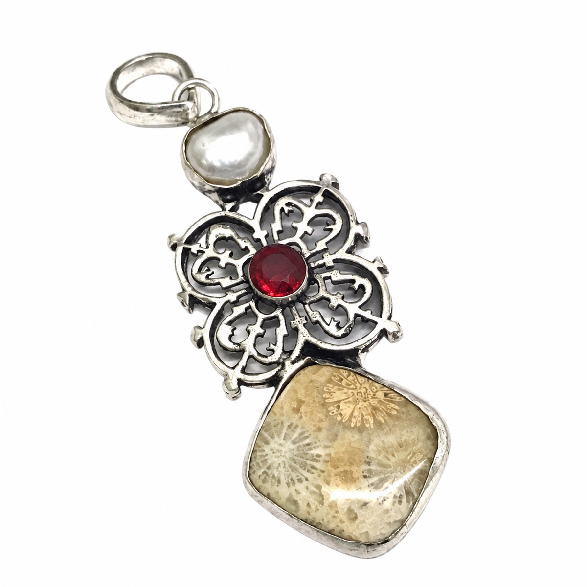 Fossil Coral Pearl Gemstone Pendant Floral Stone Silver Boho Jewelry PEN335-SLV-NFC-LMUL03