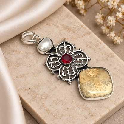 Fossil Coral Pearl Gemstone Pendant Floral Stone Silver Boho Jewelry PEN335-SLV-NFC-LMUL03