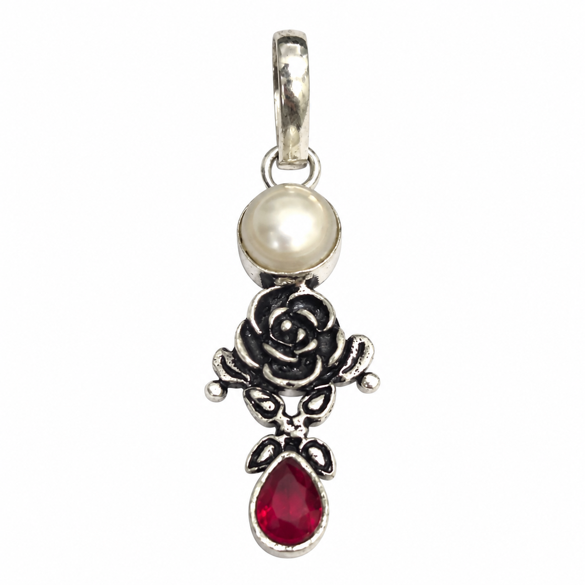 Pearl Garnet Rose Pendant Silver Floral Boho Gemstone Jewelry PEN336-SLV-NPRL-LGR02