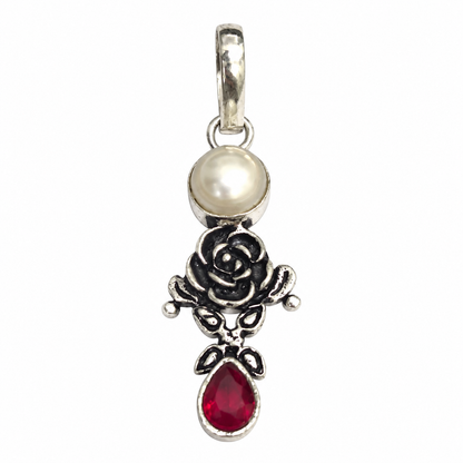Pearl Garnet Rose Pendant Silver Floral Boho Gemstone Jewelry PEN336-SLV-NPRL-LGR02