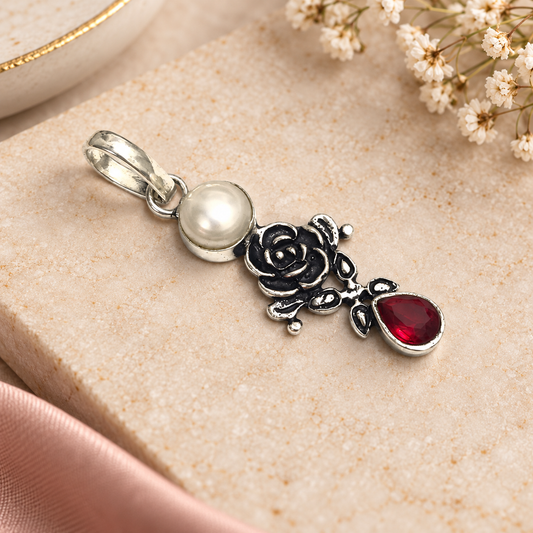 Pearl Garnet Rose Pendant Silver Floral Boho Gemstone Jewelry PEN336-SLV-NPRL-LGR02
