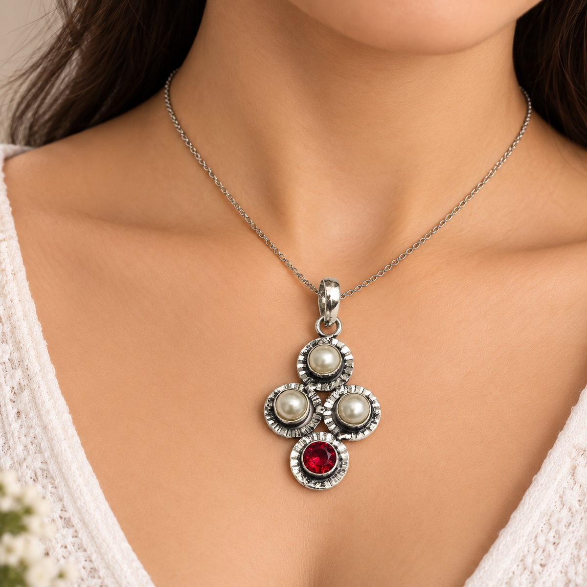 Pearl Garnet Pendant, Silver Tone Boho Statement Jewelry PEN338-SLV-LPRL-LGR04