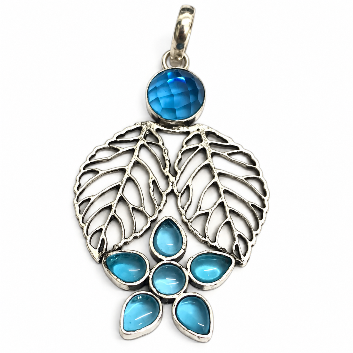 Blue Gemstone Leaf Pendant, Silver Tone Boho Nature Jewelry PEN340-SLV-LBT07
