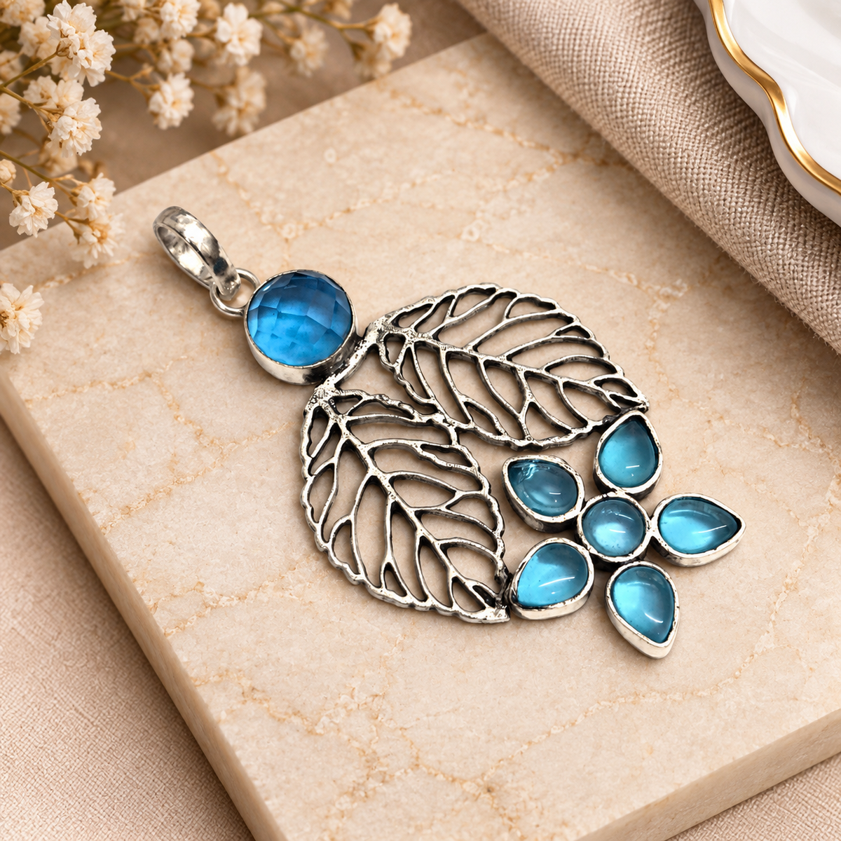 Blue Gemstone Leaf Pendant, Silver Tone Boho Nature Jewelry PEN340-SLV-LBT07