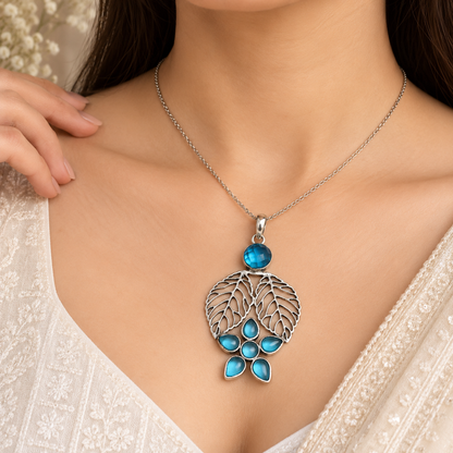 Blue Gemstone Leaf Pendant, Silver Tone Boho Nature Jewelry PEN340-SLV-LBT07