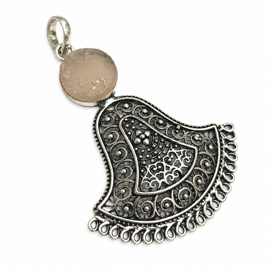 Rose Quartz Filigree Pendant, Silver Tone Boho Statement Jewelry PEN341-SLV-RRQ01