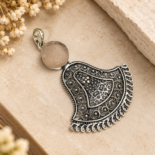 Rose Quartz Filigree Pendant, Silver Tone Boho Statement Jewelry PEN341-SLV-RRQ01