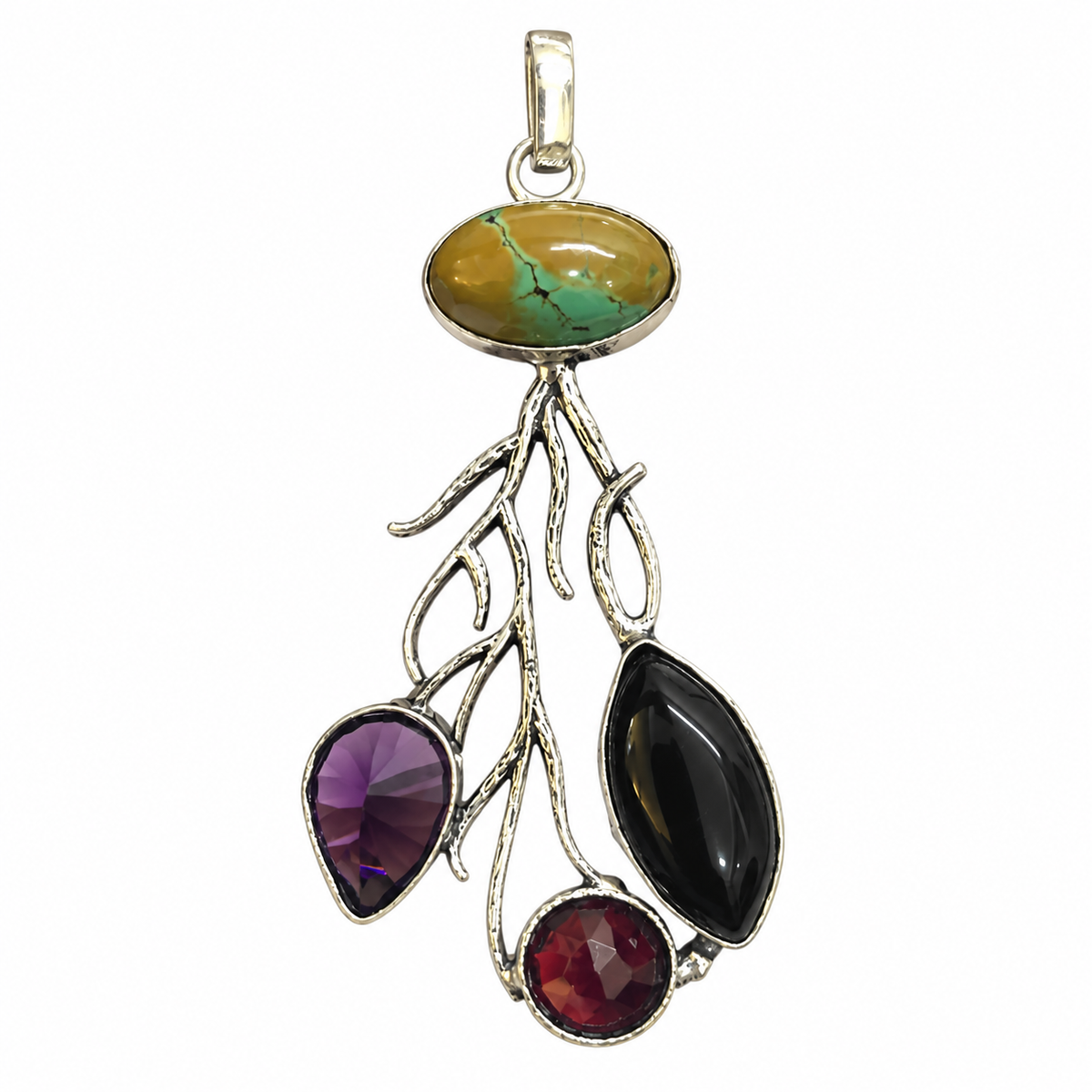 Turquoise Amethyst Garnet Pendant Silver Tone Boho Jewelry PEN342-SLV-NTQS-LMUL04