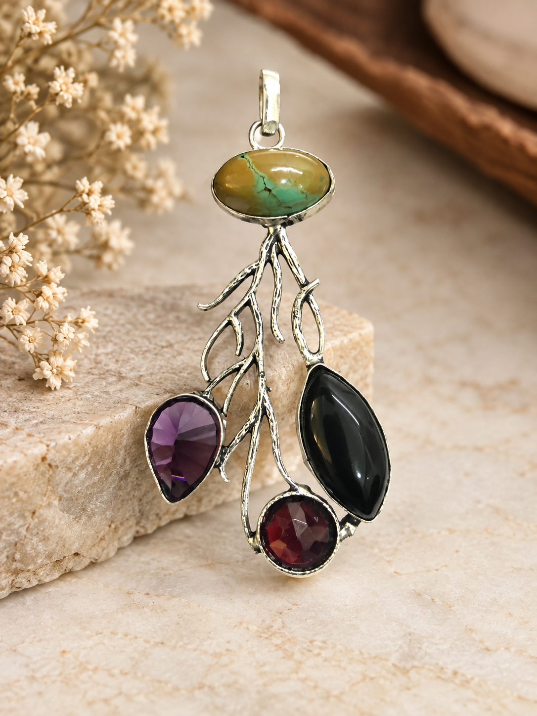 Turquoise Amethyst Garnet Pendant Silver Tone Boho Jewelry PEN342-SLV-NTQS-LMUL04