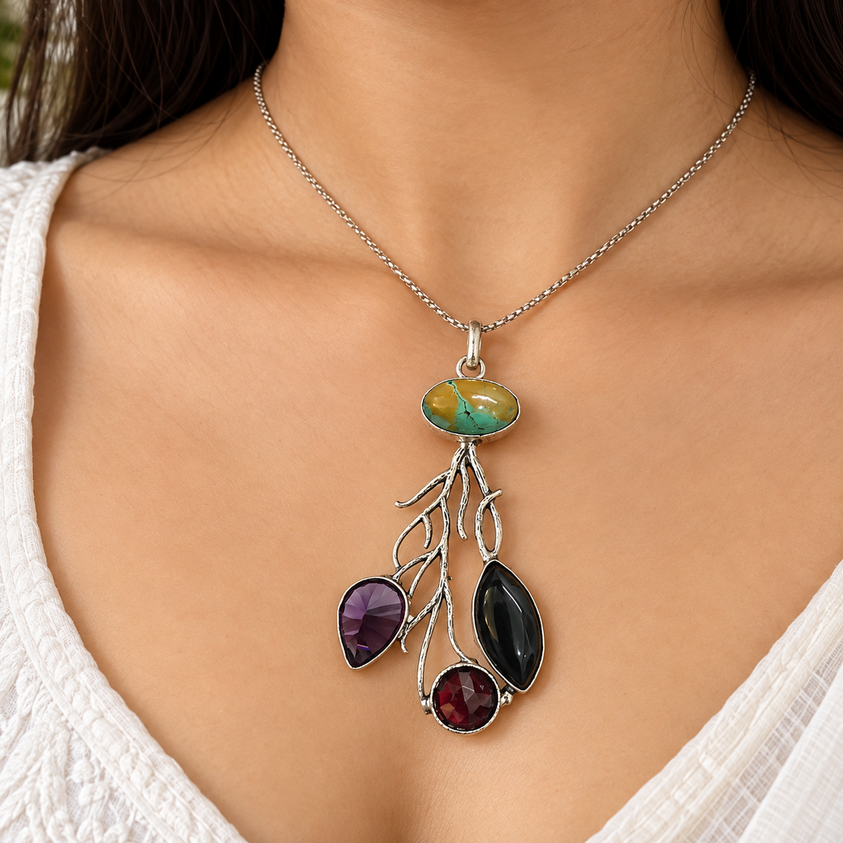 Turquoise Amethyst Garnet Pendant Silver Tone Boho Jewelry PEN342-SLV-NTQS-LMUL04