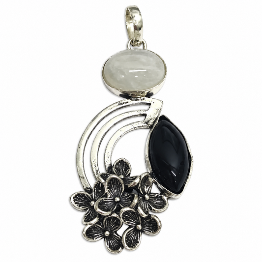 Moonstone Black Onyx Floral Pendant, Silver Tone Boho Jewelry PEN344-SLV-NMS-NBO02