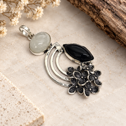 Moonstone Black Onyx Floral Pendant, Silver Tone Boho Jewelry PEN344-SLV-NMS-NBO02