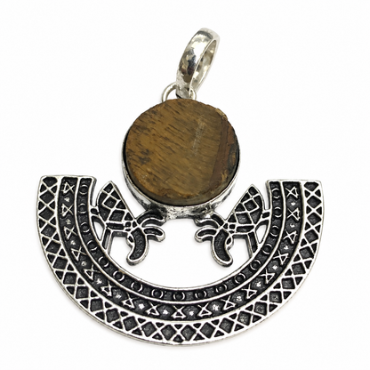 Tiger Eye Crescent Moon Pendant, Silver Tone Boho Jewelry PEN345-SLV-RTE01