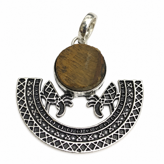 Tiger Eye Crescent Moon Pendant, Silver Tone Boho Jewelry PEN345-SLV-RTE01