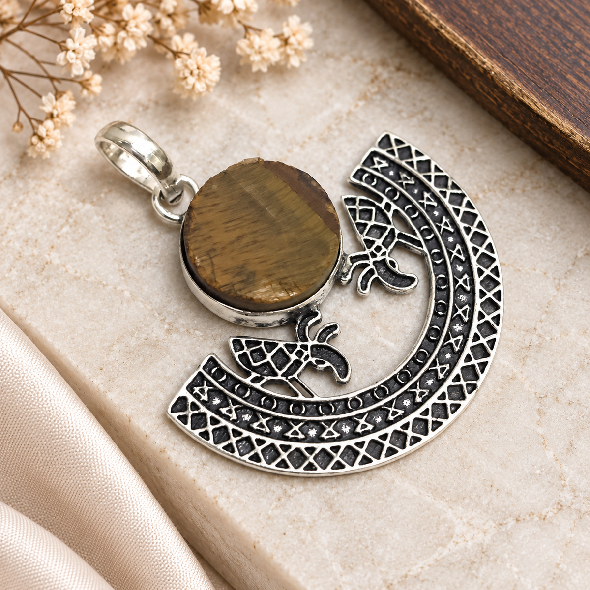 Tiger Eye Crescent Moon Pendant, Silver Tone Boho Jewelry PEN345-SLV-RTE01