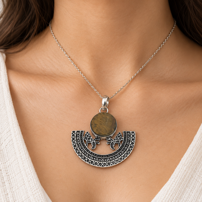 Tiger Eye Crescent Moon Pendant, Silver Tone Boho Jewelry PEN345-SLV-RTE01