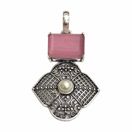 Pink Stone Pearl Pendant Vintage Floral Boho Statement Jewelry PEN346-SLV-LPMON-LPRL02