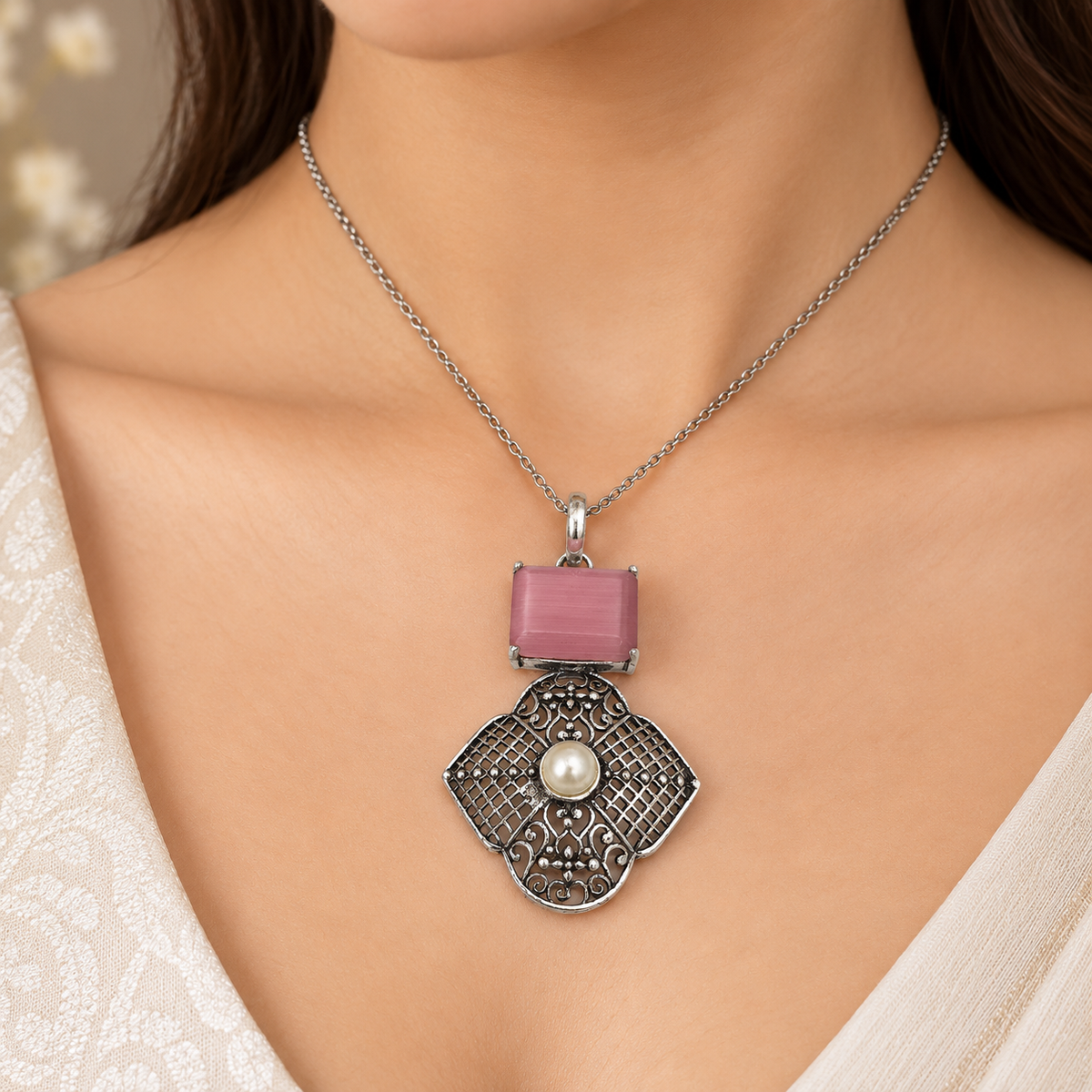 Pink Stone Pearl Pendant Vintage Floral Boho Statement Jewelry PEN346-SLV-LPMON-LPRL02