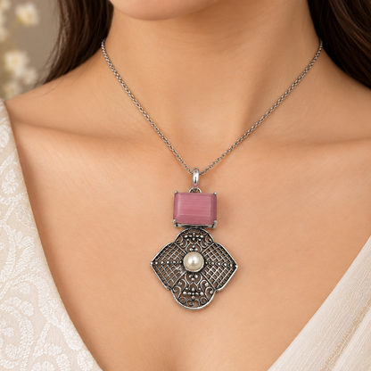 Pink Stone Pearl Pendant Vintage Floral Boho Statement Jewelry PEN346-SLV-LPMON-LPRL02