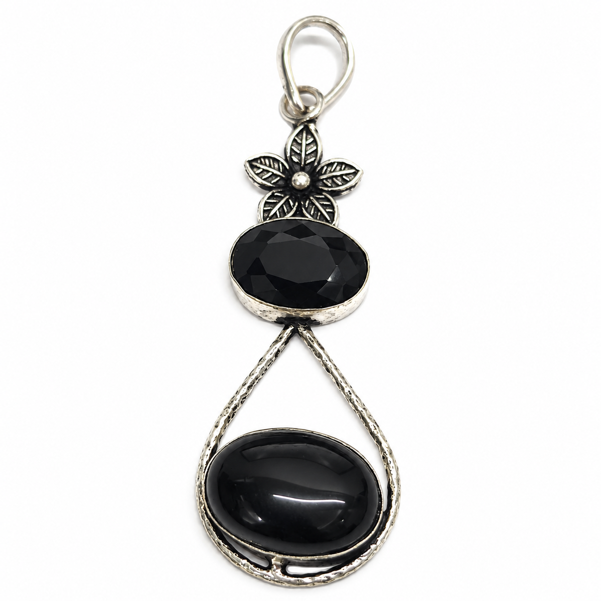 Black Onyx Pendant, Floral Leaf Boho Statement Necklace Charm PEN347-SLV-NBO02