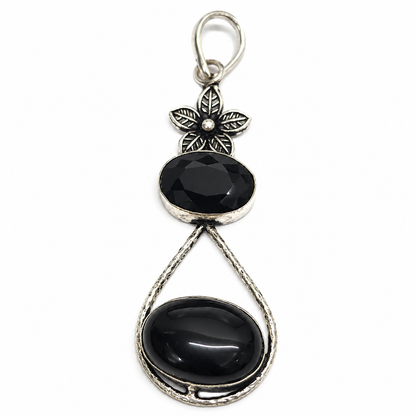 Black Onyx Pendant, Floral Leaf Boho Statement Necklace Charm PEN347-SLV-NBO02