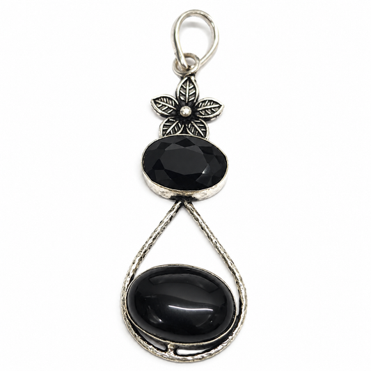 Black Onyx Pendant, Floral Leaf Boho Statement Necklace Charm PEN347-SLV-NBO02