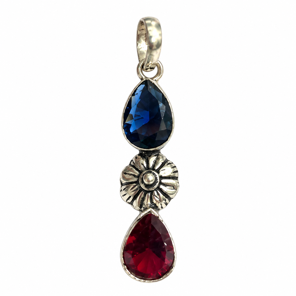 Blue Red Gemstone Pendant, Floral Vintage Boho Jewelry Charm PEN348-SLV-LGR-LTZ02