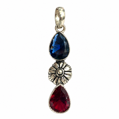 Blue Red Gemstone Pendant, Floral Vintage Boho Jewelry Charm PEN348-SLV-LGR-LTZ02