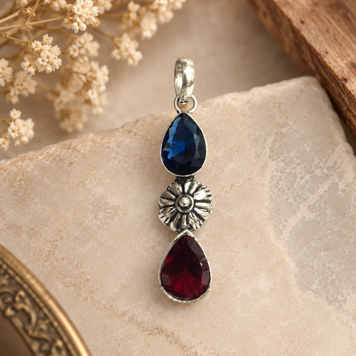 Blue Red Gemstone Pendant, Floral Vintage Boho Jewelry Charm PEN348-SLV-LGR-LTZ02
