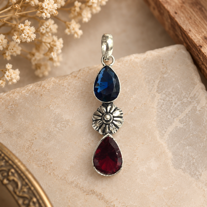 Blue Red Gemstone Pendant, Floral Vintage Boho Jewelry Charm PEN348-SLV-LGR-LTZ02