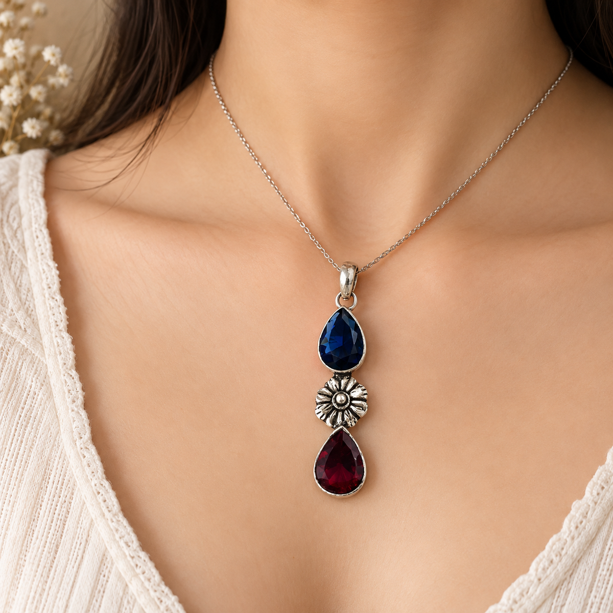 Blue Red Gemstone Pendant, Floral Vintage Boho Jewelry Charm PEN348-SLV-LGR-LTZ02