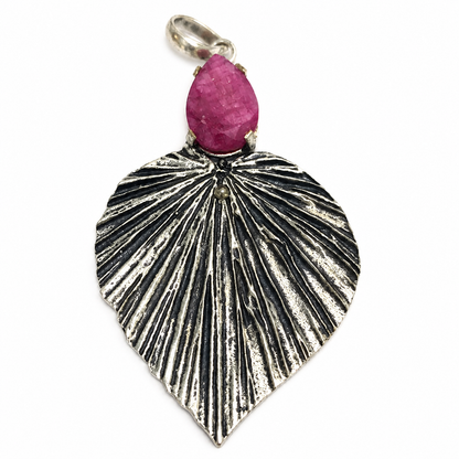 Lab Created Ruby Leaf Pendant Vintage Boho Statement Jewelry Charm PEN349-SLV-LRBY01