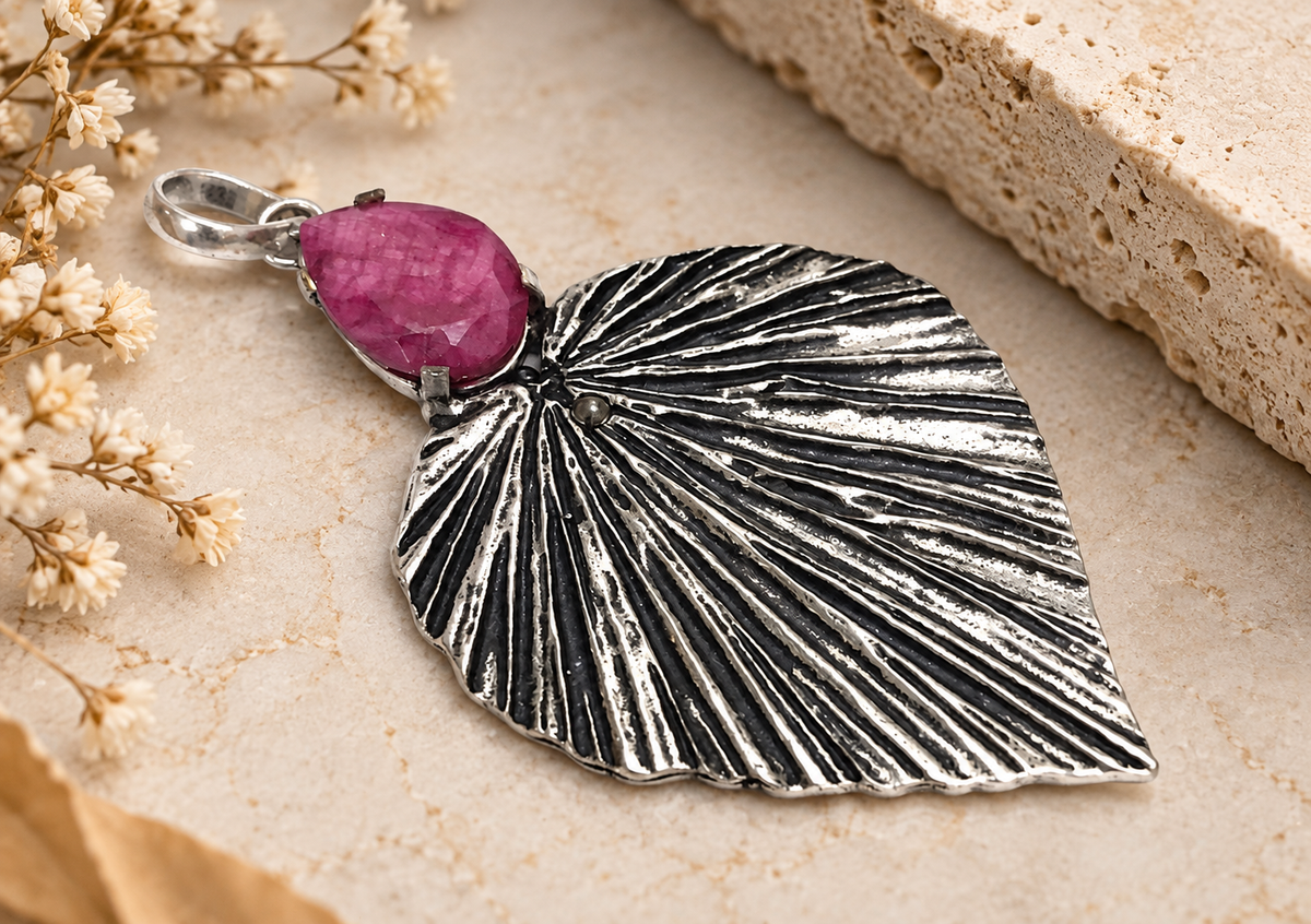 Lab Created Ruby Leaf Pendant Vintage Boho Statement Jewelry Charm PEN349-SLV-LRBY01