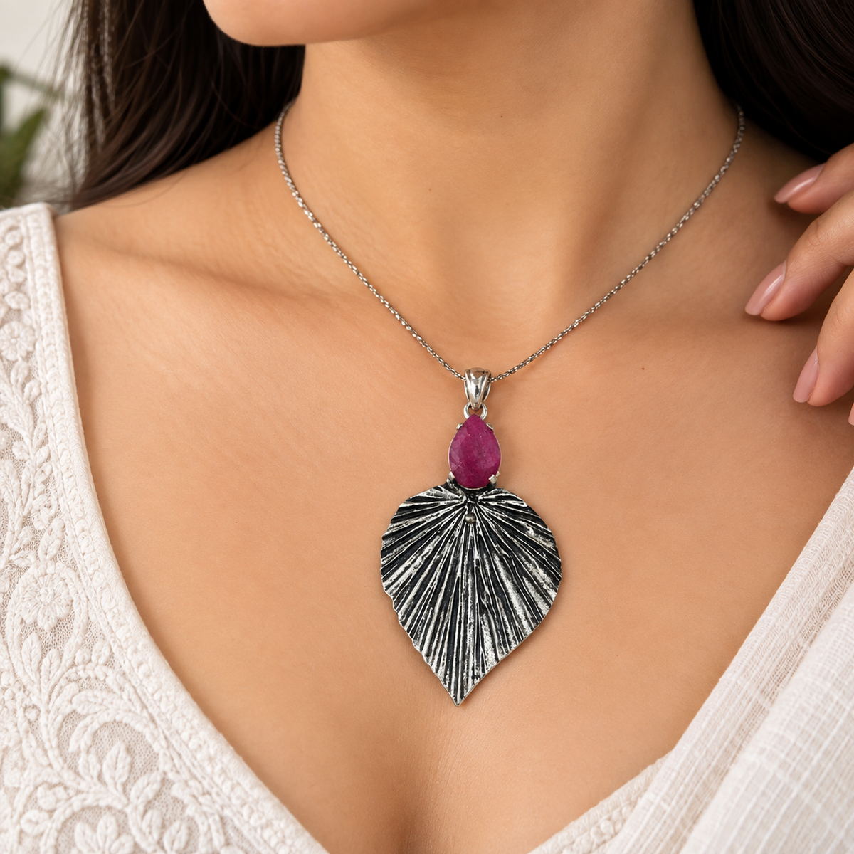 Lab Created Ruby Leaf Pendant Vintage Boho Statement Jewelry Charm PEN349-SLV-LRBY01