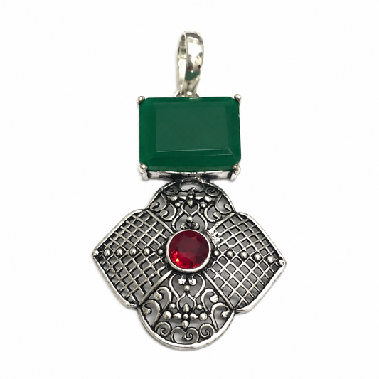 Green Red Gemstone Pendant Vintage Boho Statement Jewelry PEN350-SLV-LEMD-LGR02