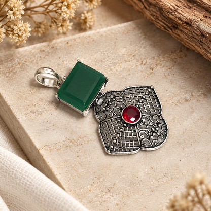 Green Red Gemstone Pendant Vintage Boho Statement Jewelry PEN350-SLV-LEMD-LGR02