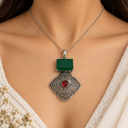 Green Red Gemstone Pendant Vintage Boho Statement Jewelry PEN350-SLV-LEMD-LGR02