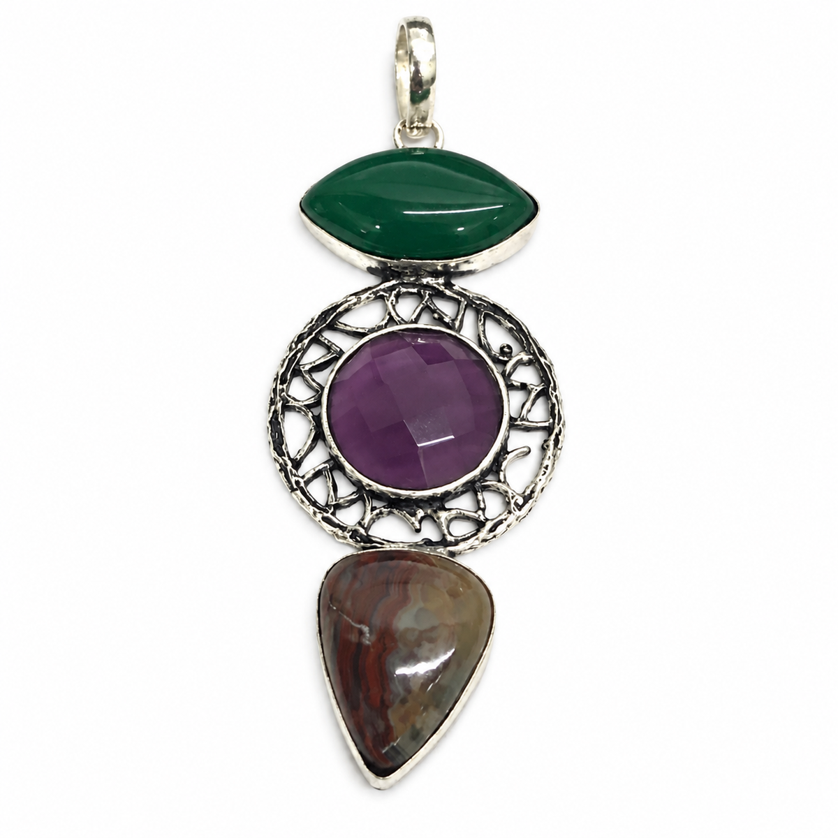 Multicolor Iron Tiger Eye Gemstone Statement Pendant Boho Silver Tone PEN351-SLV-NITE-LMUL03