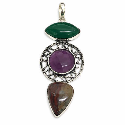 Multicolor Iron Tiger Eye Gemstone Statement Pendant Boho Silver Tone PEN351-SLV-NITE-LMUL03