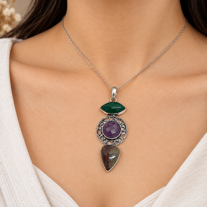 Multicolor Iron Tiger Eye Gemstone Statement Pendant Boho Silver Tone PEN351-SLV-NITE-LMUL03