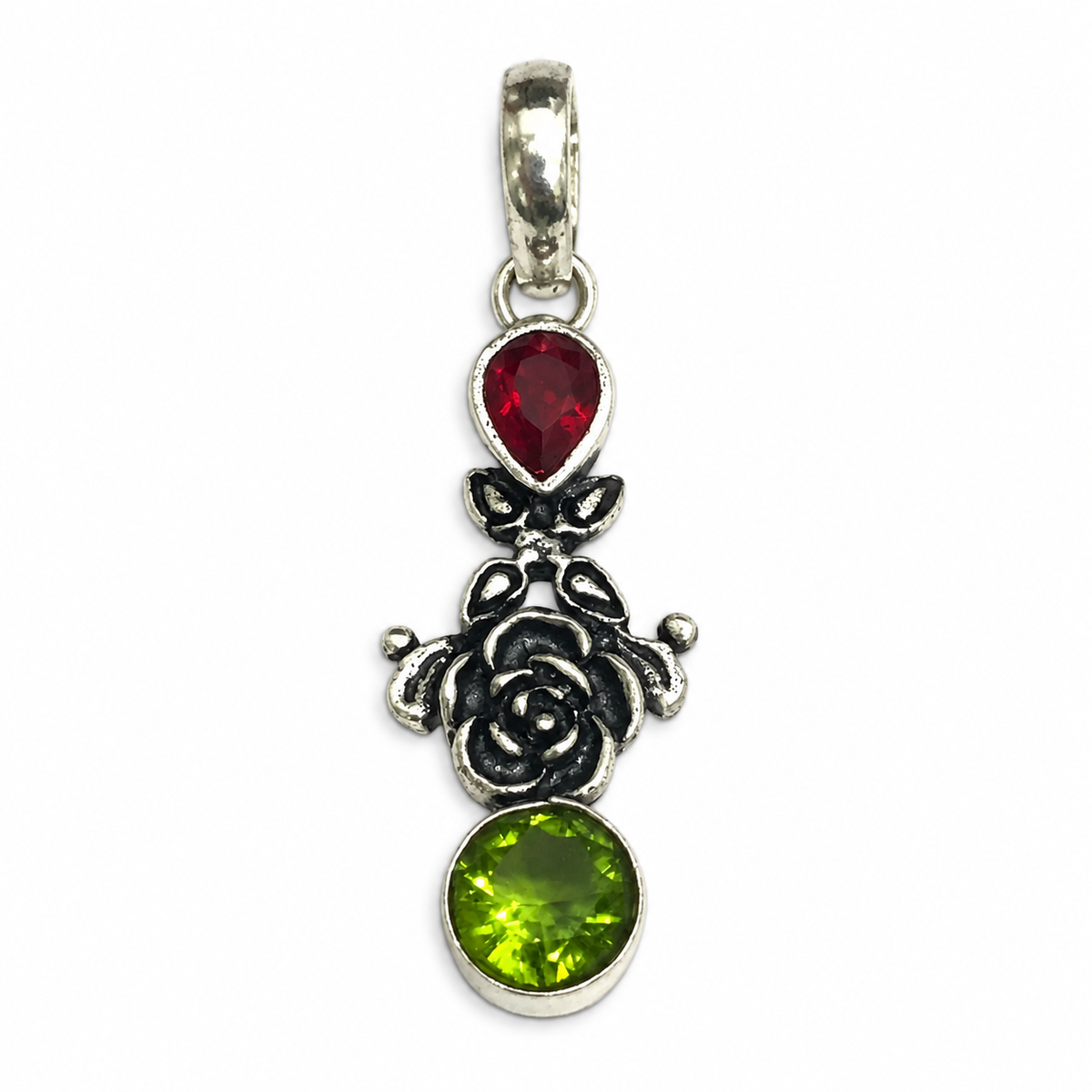 Garnet Peridot Floral Pendant Boho Vintage Silver Jewelry PEN352-SLV-LGR-LPD02