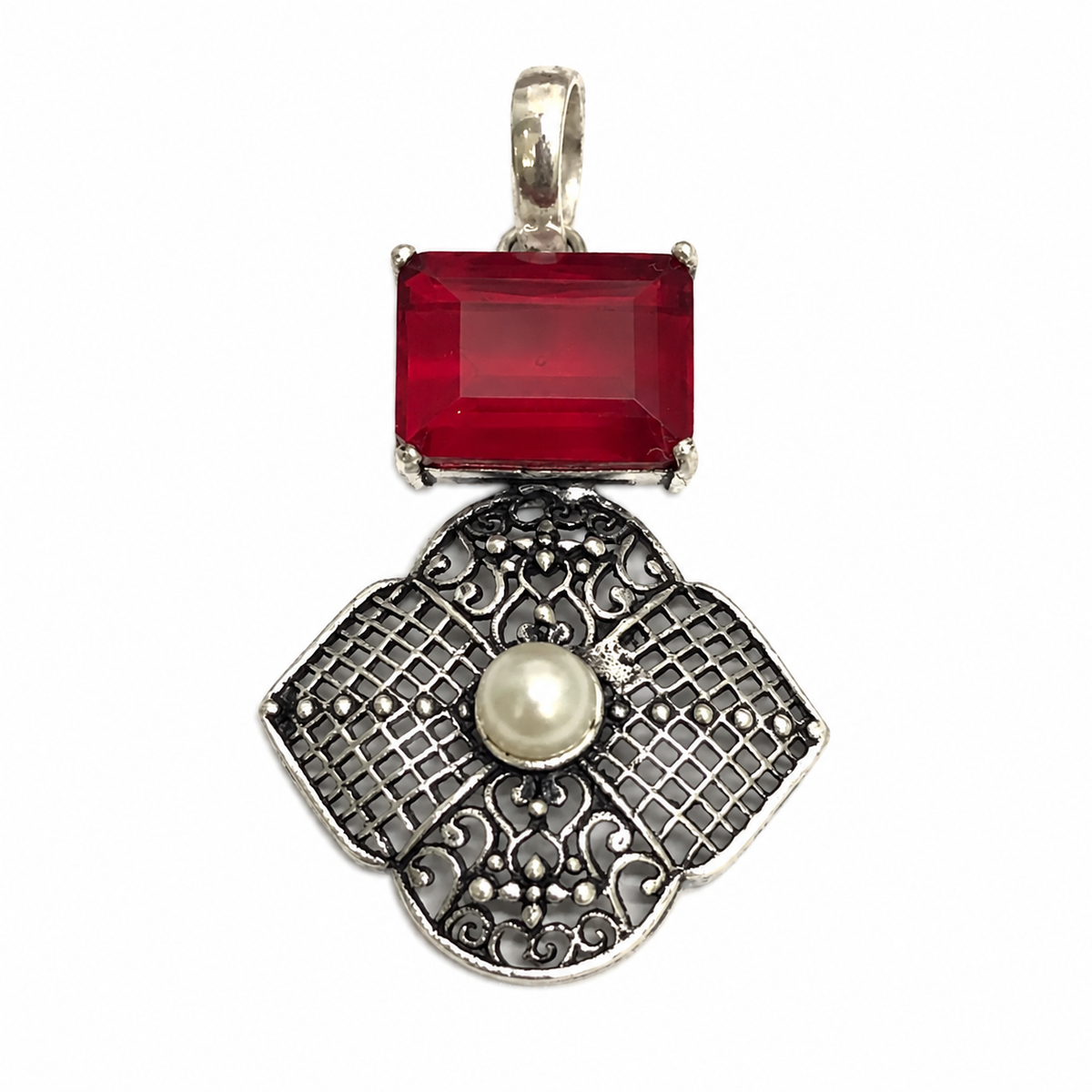 Red Gemstone Pearl Floral Silver Statement Pendant PEN354-SLV-LGR-LPRL02
