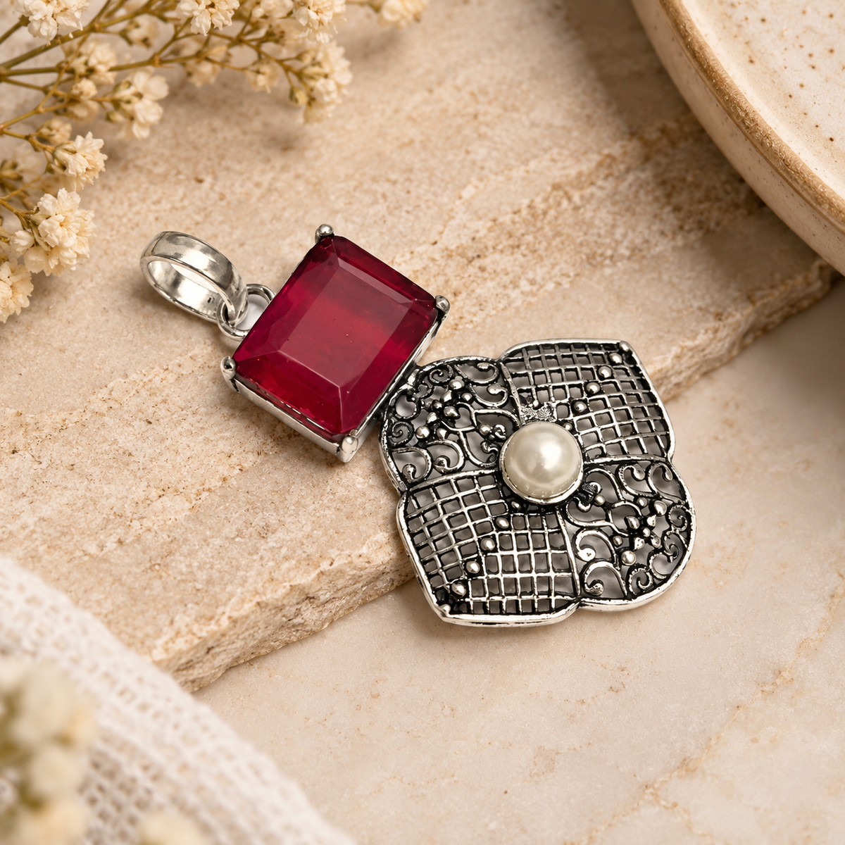 Red Gemstone Pearl Floral Silver Statement Pendant PEN354-SLV-LGR-LPRL02
