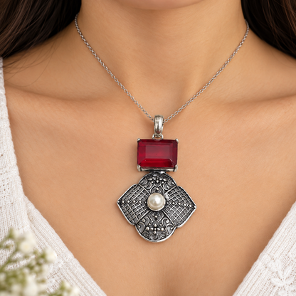 Red Gemstone Pearl Floral Silver Statement Pendant PEN354-SLV-LGR-LPRL02