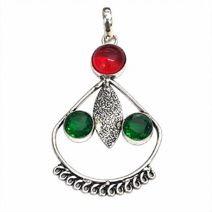 Red Green Gemstone Leaf Pendant Boho Silver Tone Jewelry PEN355-SLV-LGR-LCD03